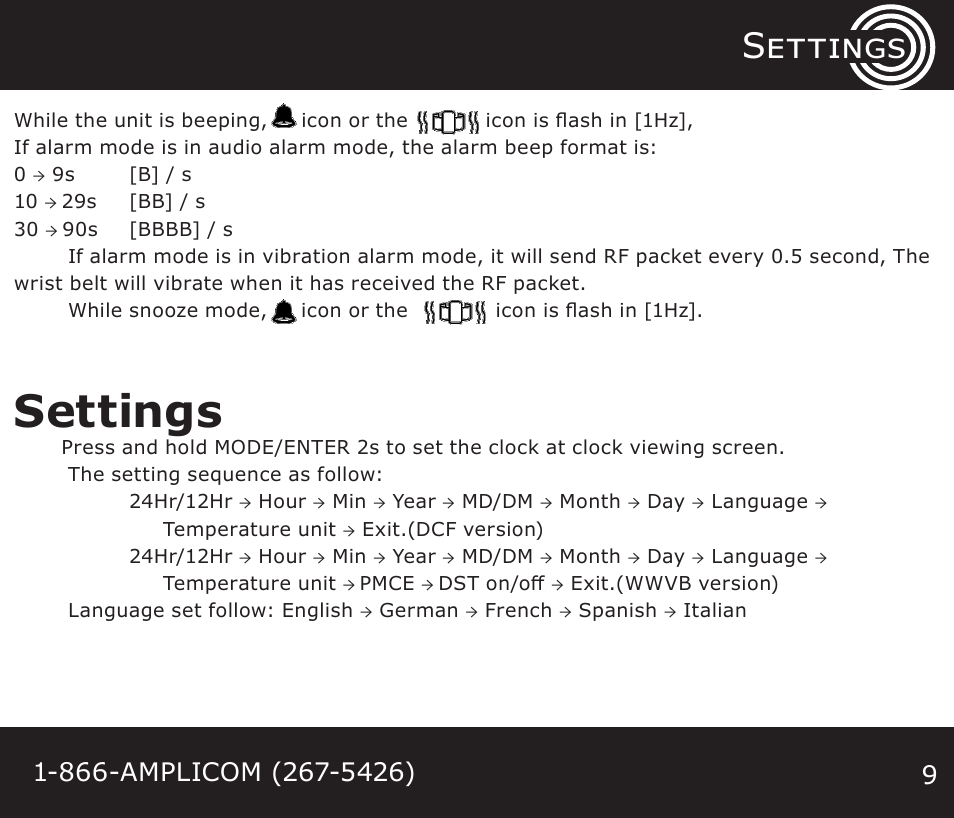 Settings, Functions settings | Amplicom TCL Vib Travel Alarm Clock User Manual | Page 9 / 16