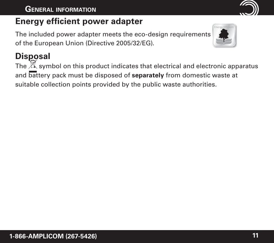 Energy effi cient power adapter, Disposal | Amplicom PowerTel 60 Wireless Wrist Shaker User Manual | Page 11 / 28