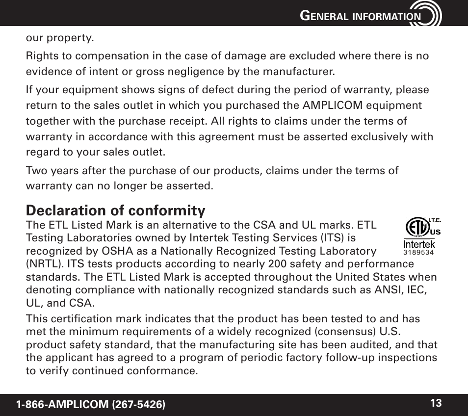 Declaration of conformity | Amplicom PowerTel 60 Wireless Wrist Shaker User Manual | Page 13 / 28