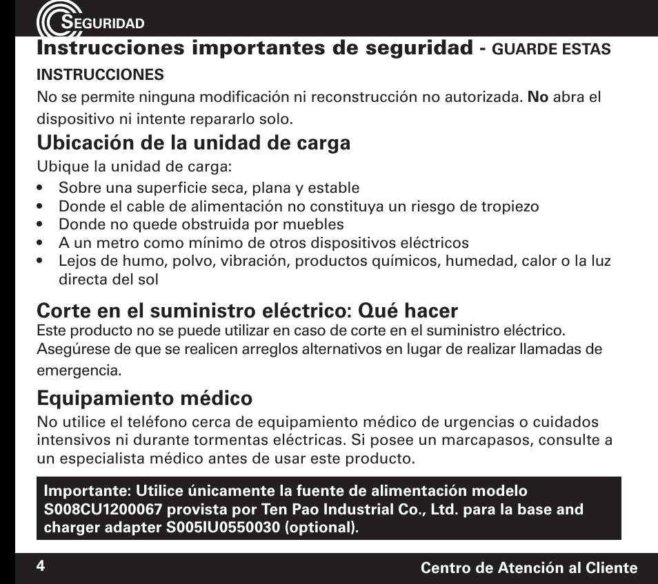 Instrucciones importantes de seguridad, Ubicación de la unidad de carga, Corte en el suministro eléctrico: qué hacer | Equipamiento médico | Amplicom PowerTel 60 Wireless Wrist Shaker User Manual | Page 18 / 28