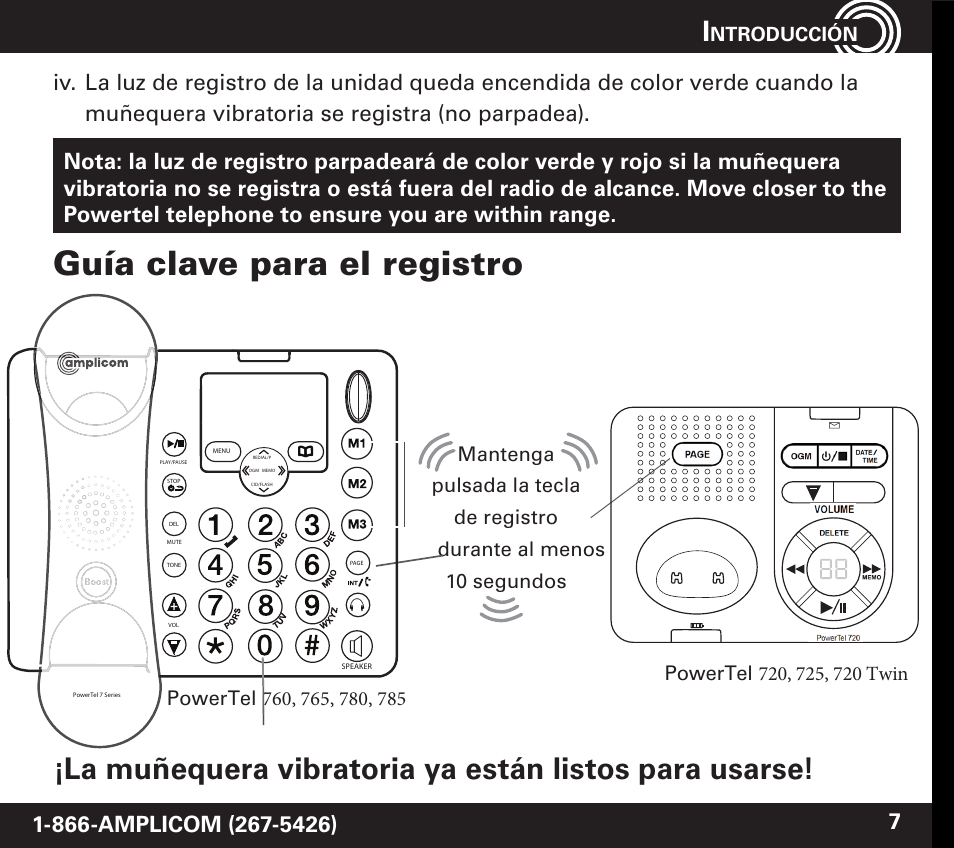 Guía clave para el registro, Ntroducción | Amplicom PowerTel 60 Wireless Wrist Shaker User Manual | Page 21 / 28