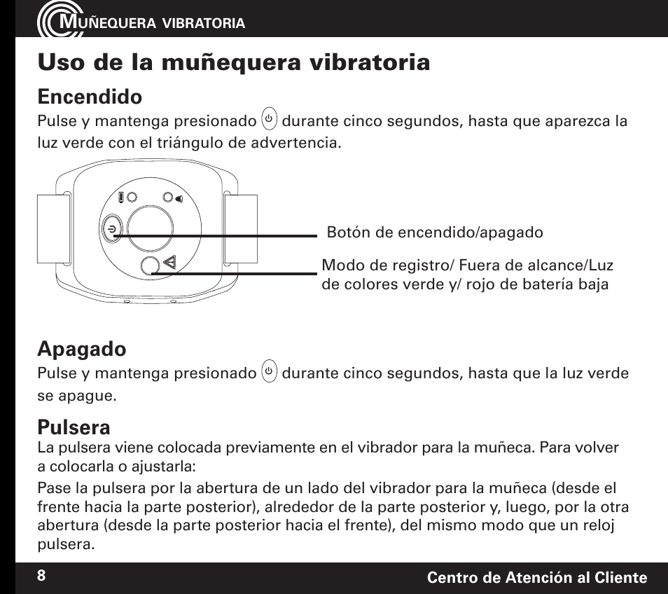 Uso de la muñequera vibratoria, Encendido, Apagado | Pulsera | Amplicom PowerTel 60 Wireless Wrist Shaker User Manual | Page 22 / 28