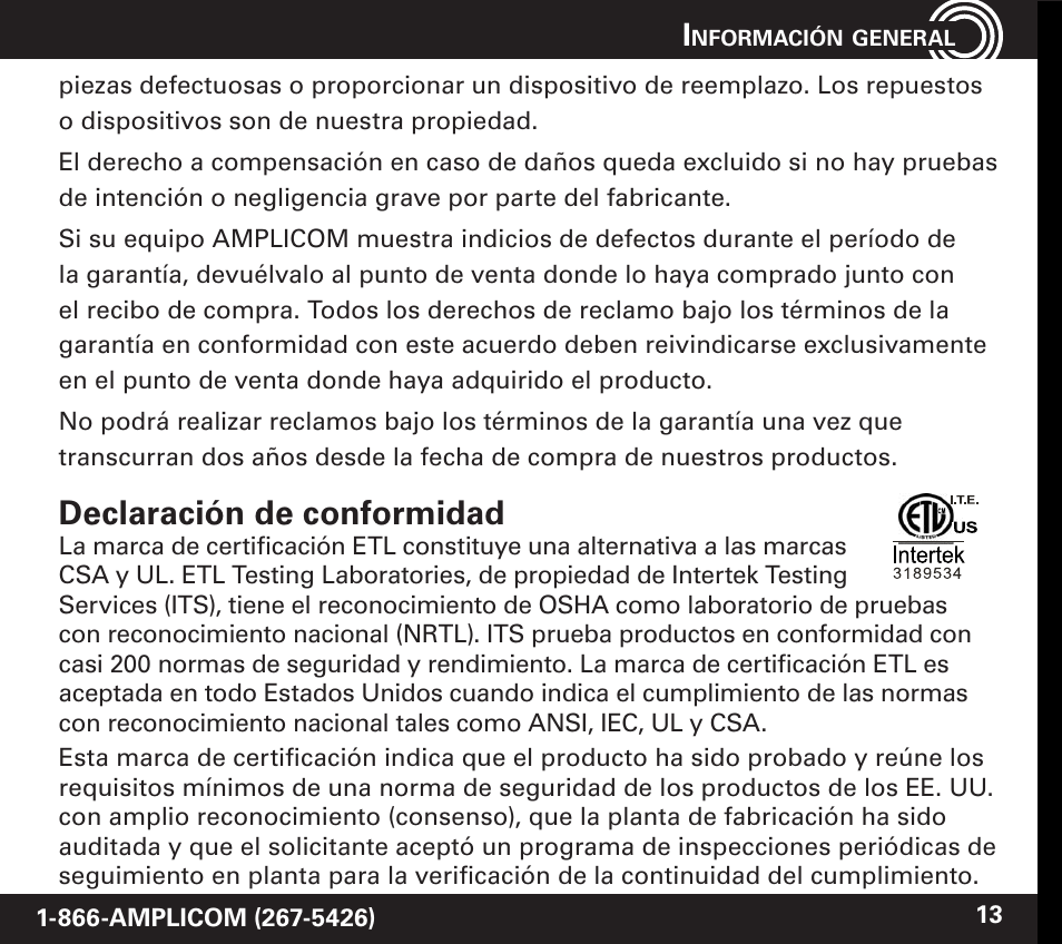 Declaración de conformidad | Amplicom PowerTel 60 Wireless Wrist Shaker User Manual | Page 27 / 28