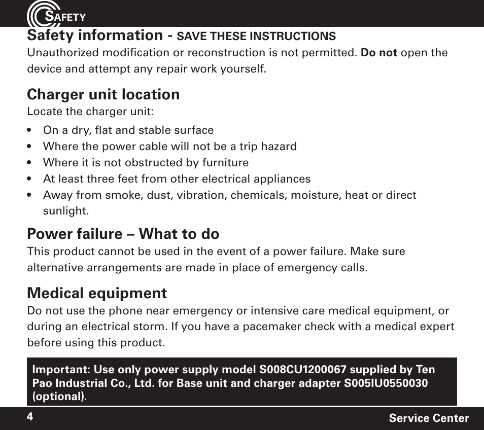 Safety information, Charger unit location, Power failure – what to do | Medical equipment | Amplicom PowerTel 60 Wireless Wrist Shaker User Manual | Page 4 / 28