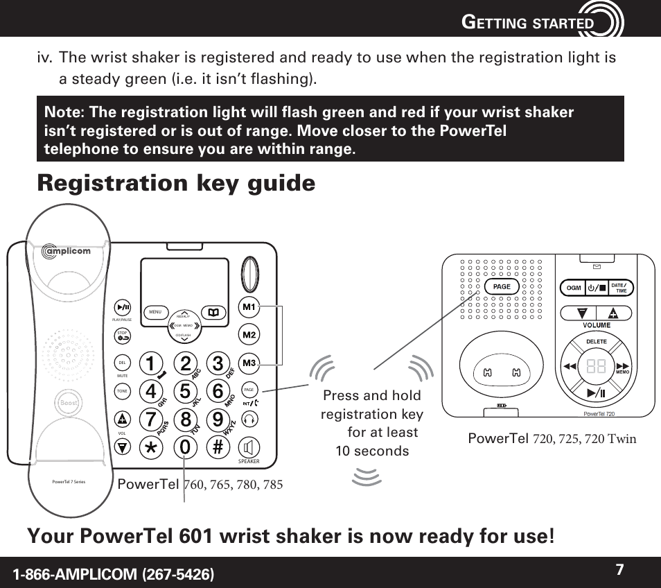 Registration key guide | Amplicom PowerTel 60 Wireless Wrist Shaker User Manual | Page 7 / 28