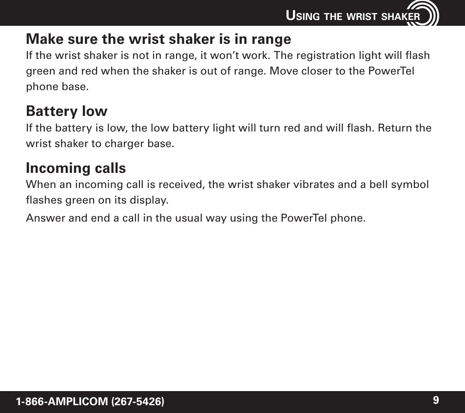 Make sure the wrist shaker is in range, Battery low, Incoming calls | Amplicom PowerTel 60 Wireless Wrist Shaker User Manual | Page 9 / 28