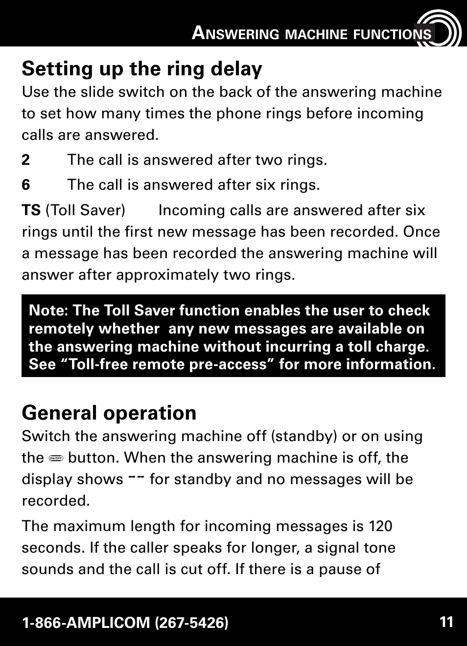 Setting up the ring delay, General operation | Amplicom AB900 Amplified Answering Machine User Manual | Page 11 / 49