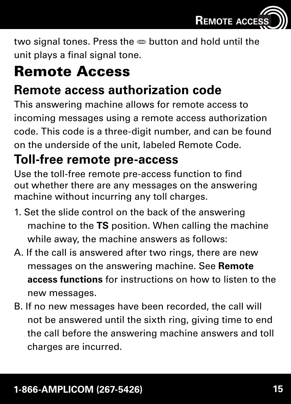 Remote access, Remote access authorization code, Toll-free remote pre-access | Amplicom AB900 Amplified Answering Machine User Manual | Page 15 / 49