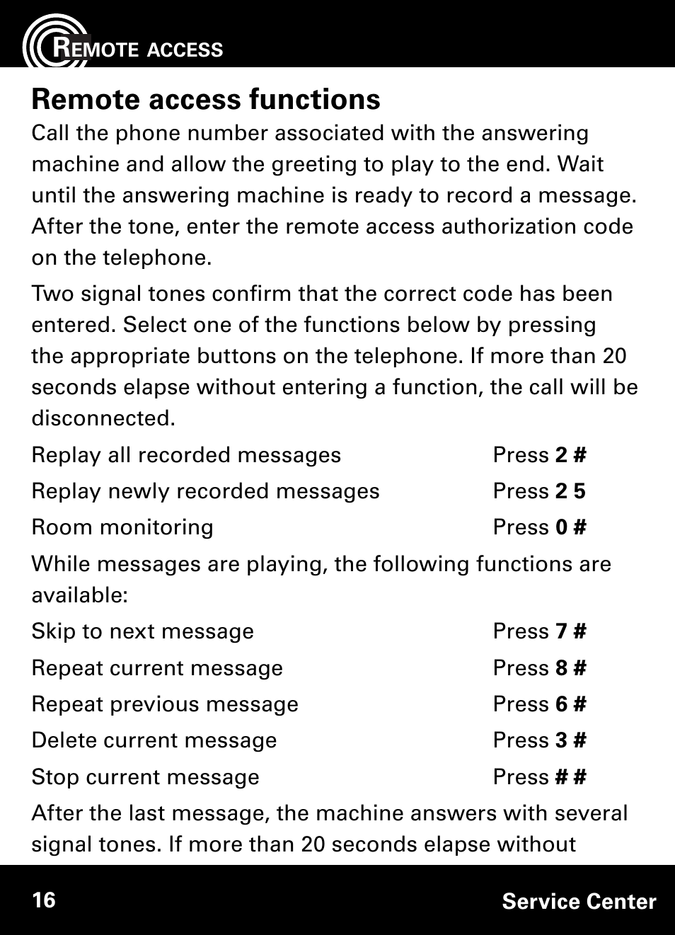 Remote access functions | Amplicom AB900 Amplified Answering Machine User Manual | Page 16 / 49