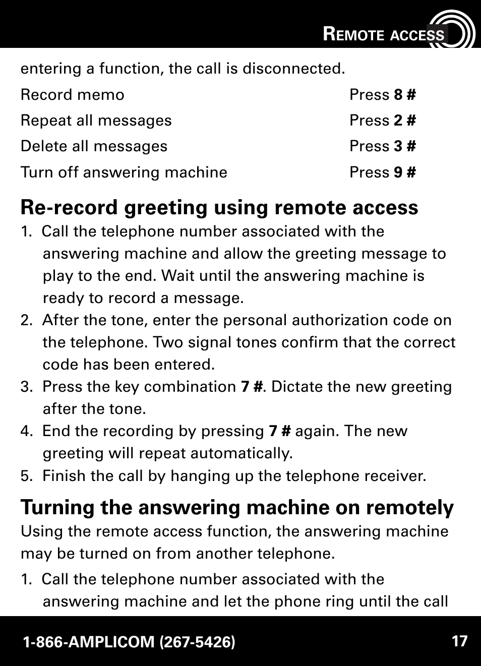Re-record greeting using remote access, Turning the answering machine on remotely | Amplicom AB900 Amplified Answering Machine User Manual | Page 17 / 49