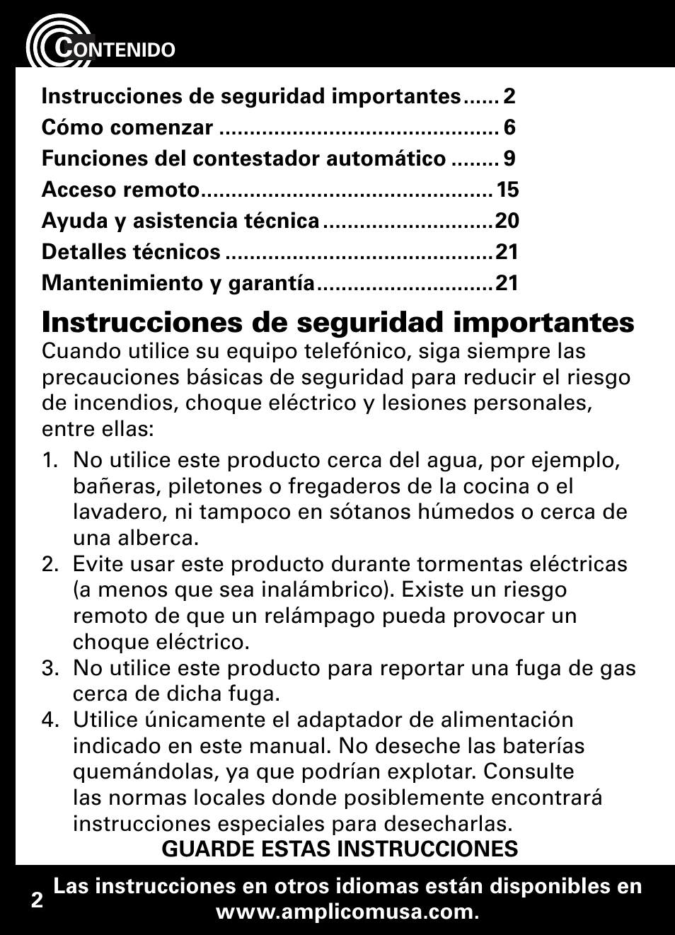 Instrucciones de seguridad importantes | Amplicom AB900 Amplified Answering Machine User Manual | Page 25 / 49