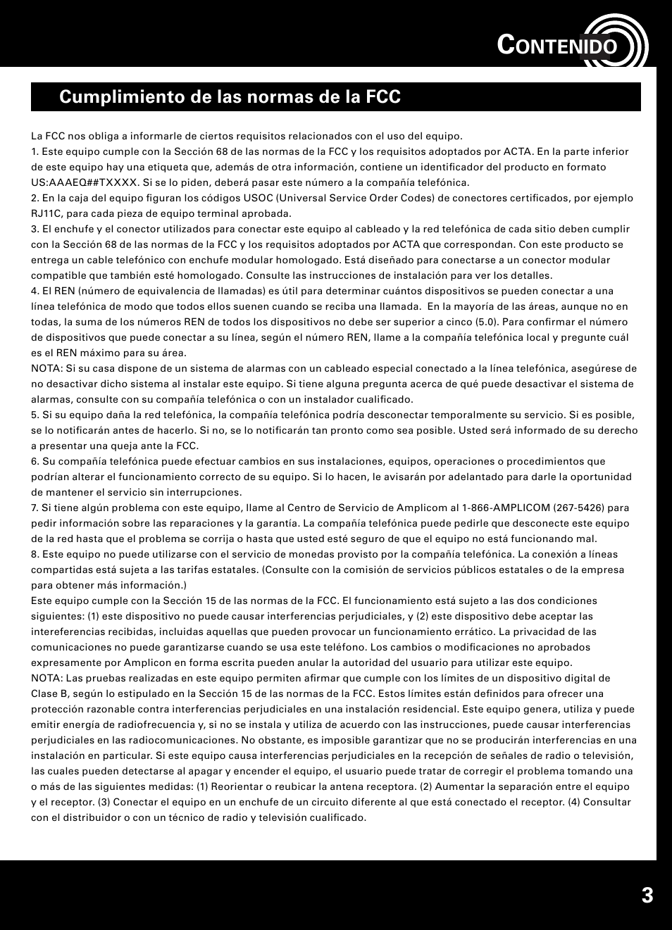 Ontenido, Cumplimiento de las normas de la fcc | Amplicom AB900 Amplified Answering Machine User Manual | Page 26 / 49