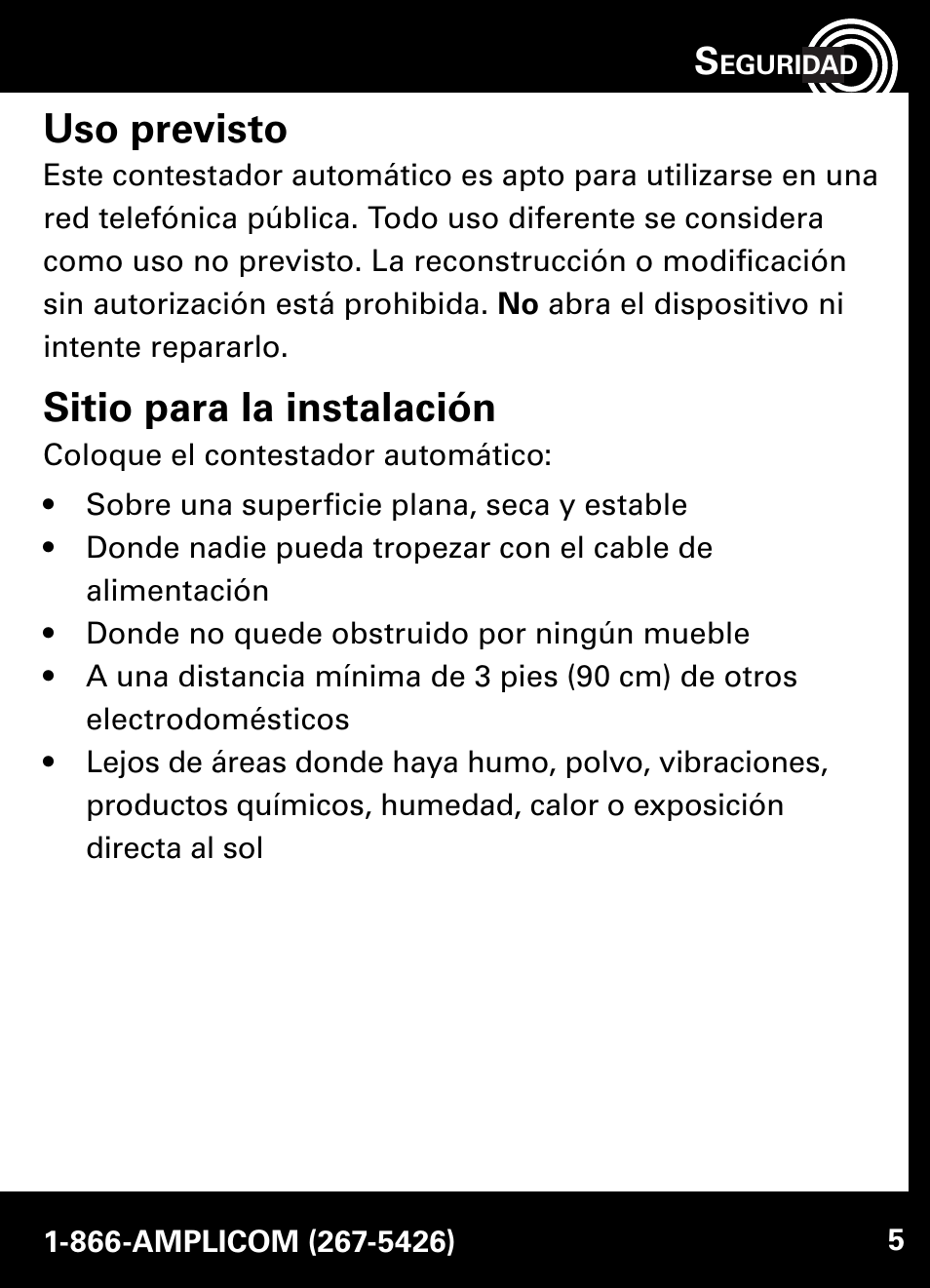 Uso previsto, Sitio para la instalación | Amplicom AB900 Amplified Answering Machine User Manual | Page 28 / 49