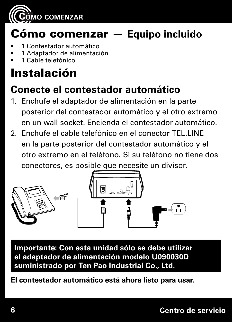 Cómo comenzar, Instalación, Equipo incluido | Conecte el contestador automático | Amplicom AB900 Amplified Answering Machine User Manual | Page 29 / 49