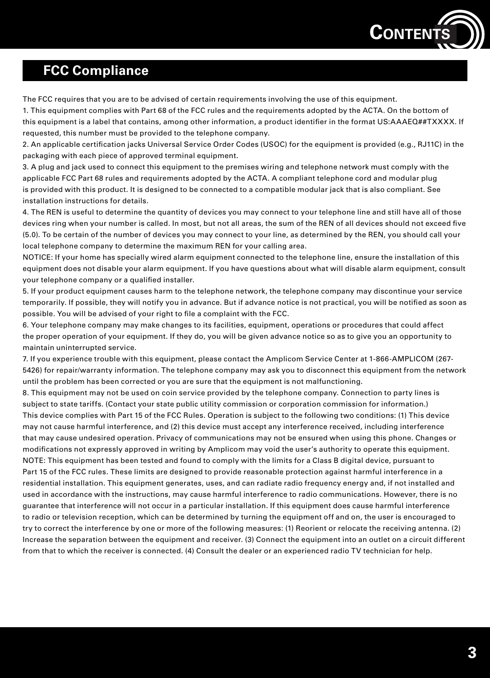 Ontents, Fcc compliance | Amplicom AB900 Amplified Answering Machine User Manual | Page 3 / 49