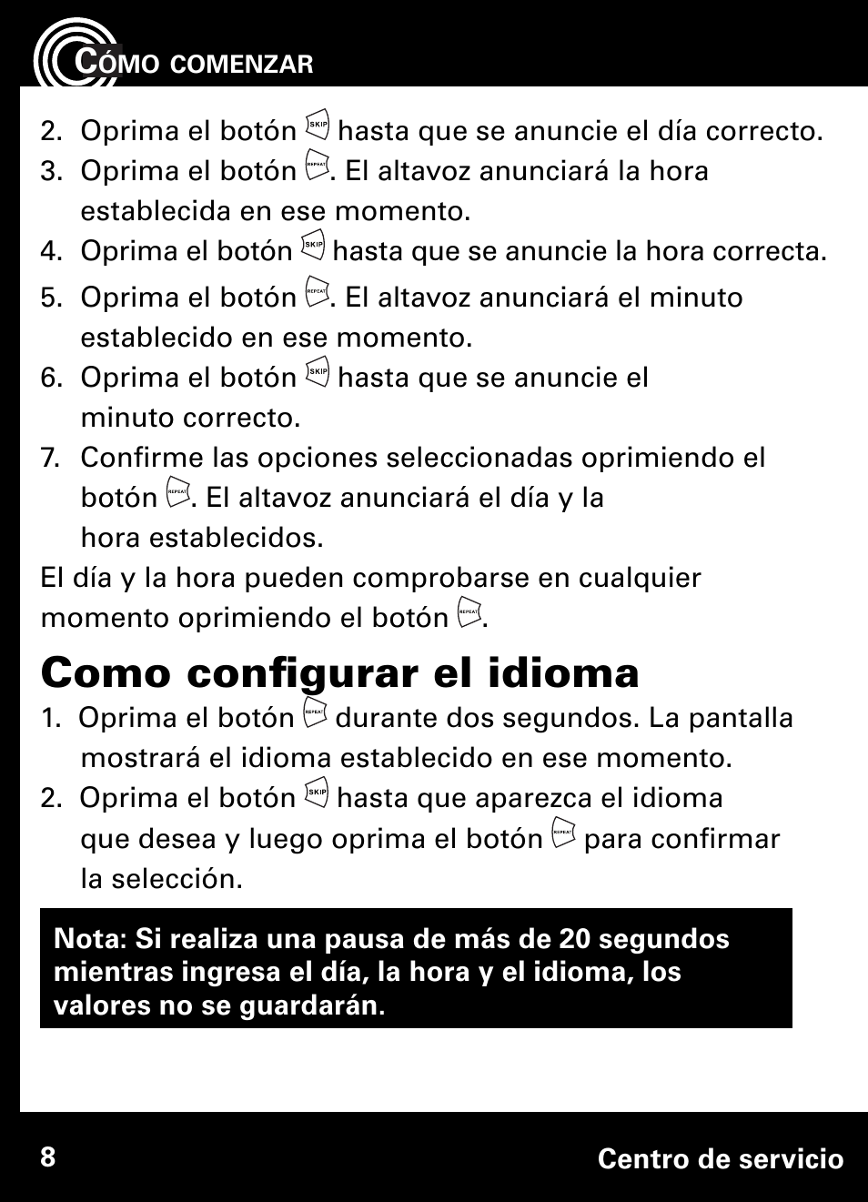 Como confi gurar el idioma | Amplicom AB900 Amplified Answering Machine User Manual | Page 31 / 49