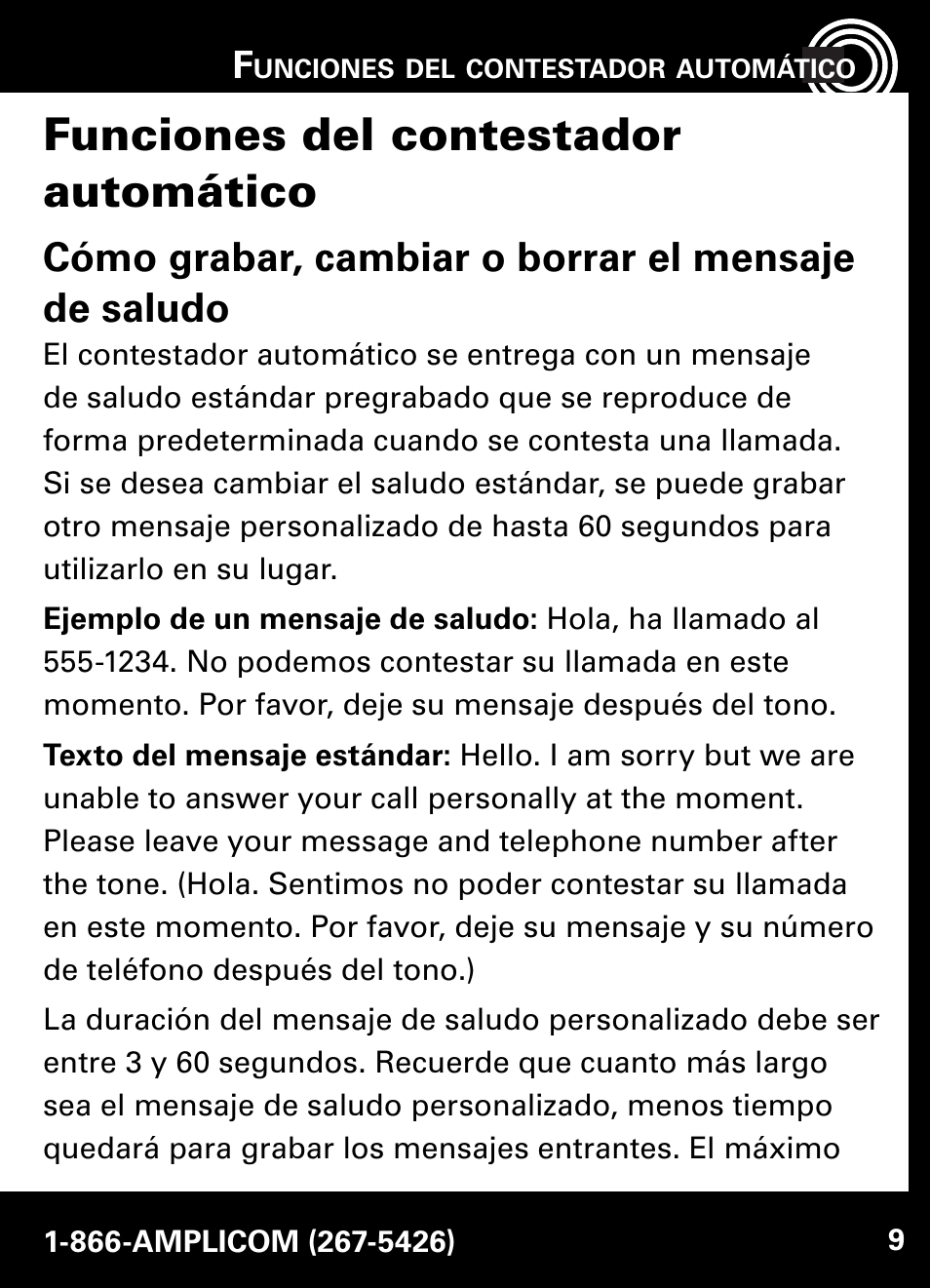 Funciones del contestador automático, Cómo grabar, cambiar o borrar el mensaje de saludo | Amplicom AB900 Amplified Answering Machine User Manual | Page 32 / 49