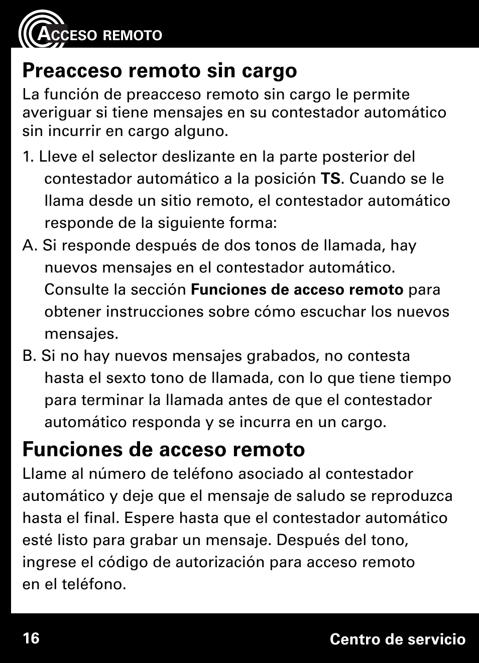 Preacceso remoto sin cargo, Funciones de acceso remoto | Amplicom AB900 Amplified Answering Machine User Manual | Page 39 / 49