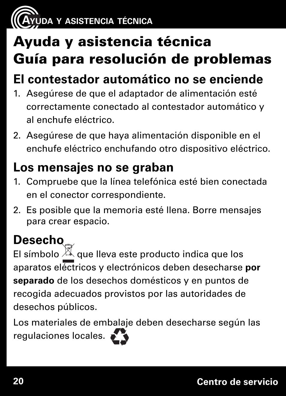 El contestador automático no se enciende, Los mensajes no se graban, Desecho | Amplicom AB900 Amplified Answering Machine User Manual | Page 43 / 49