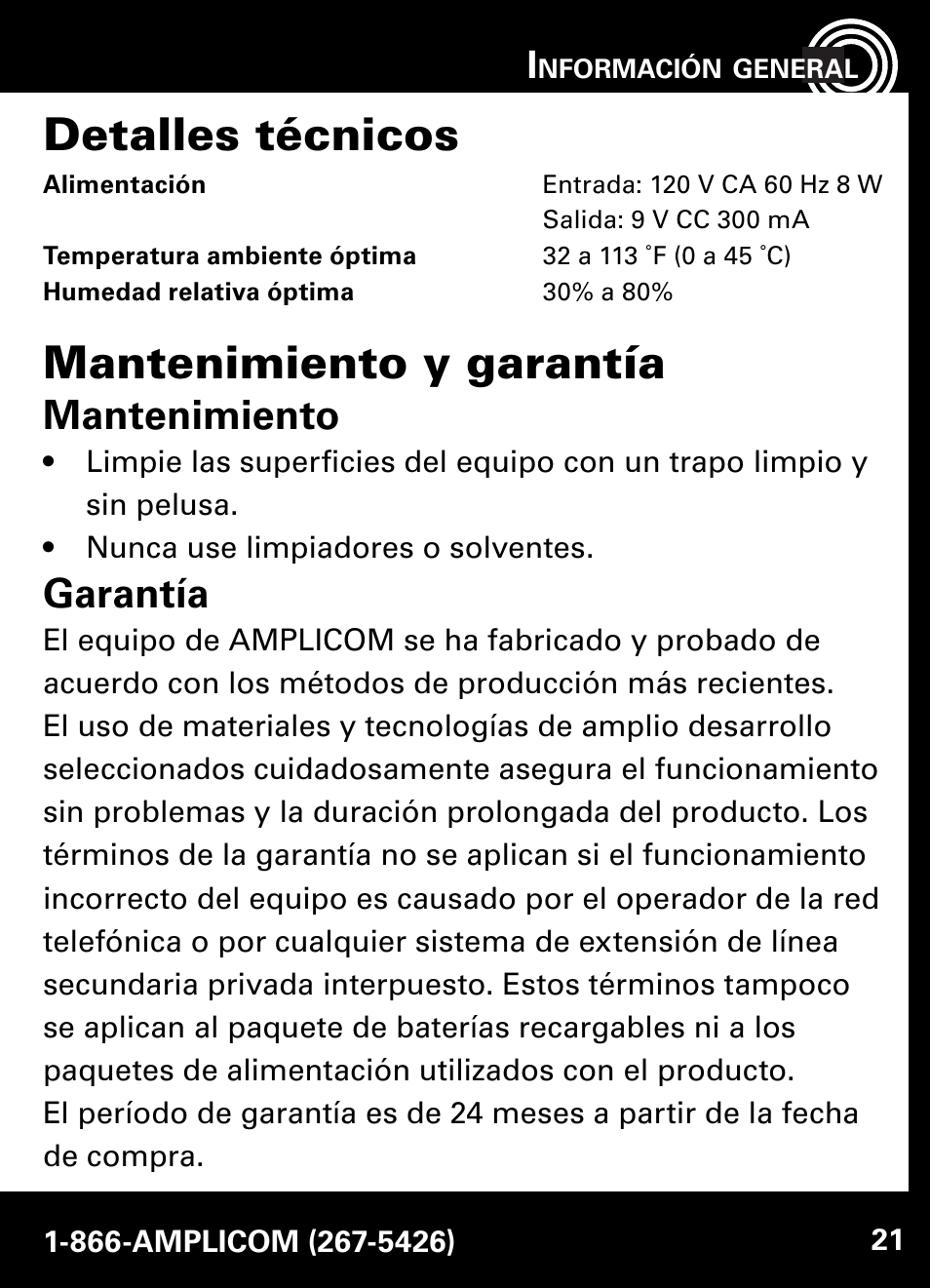 Detalles técnicos, Mantenimiento y garantía, Mantenimiento | Garantía | Amplicom AB900 Amplified Answering Machine User Manual | Page 44 / 49