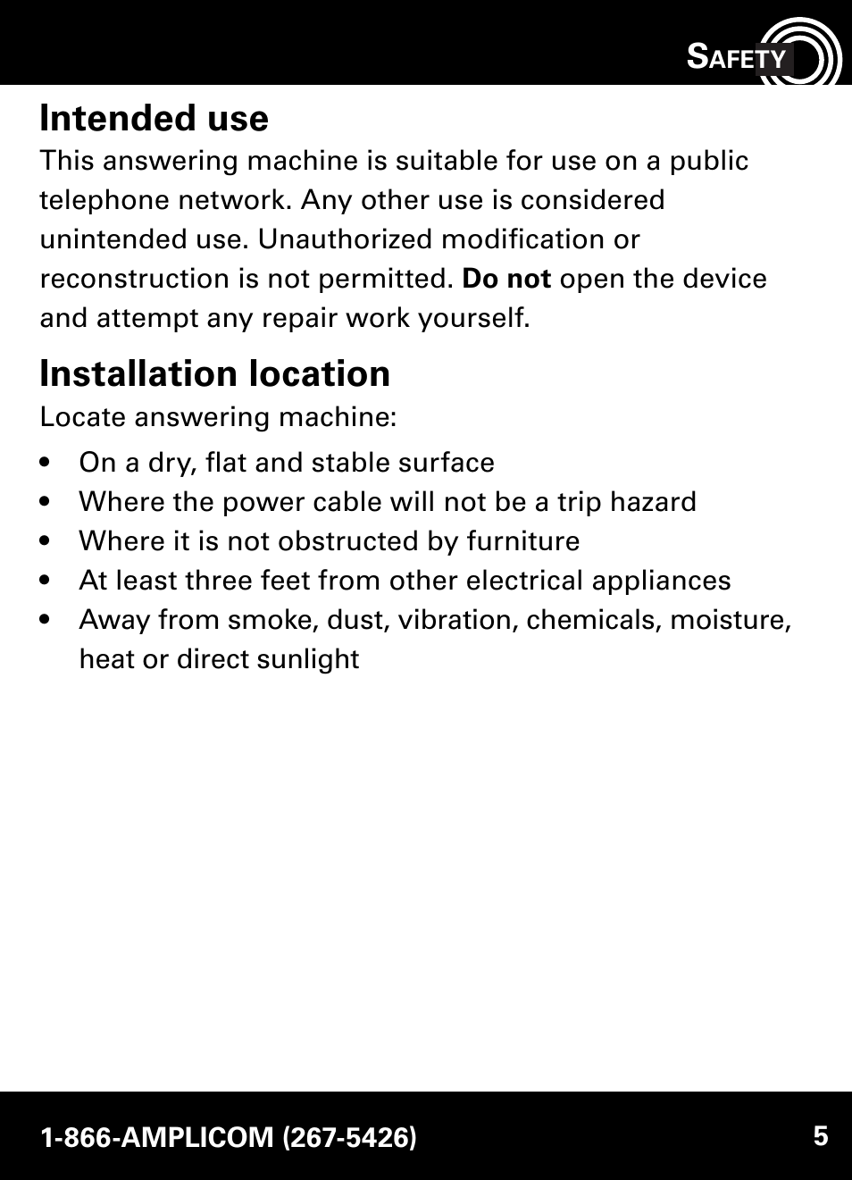 Intended use, Installation location | Amplicom AB900 Amplified Answering Machine User Manual | Page 5 / 49