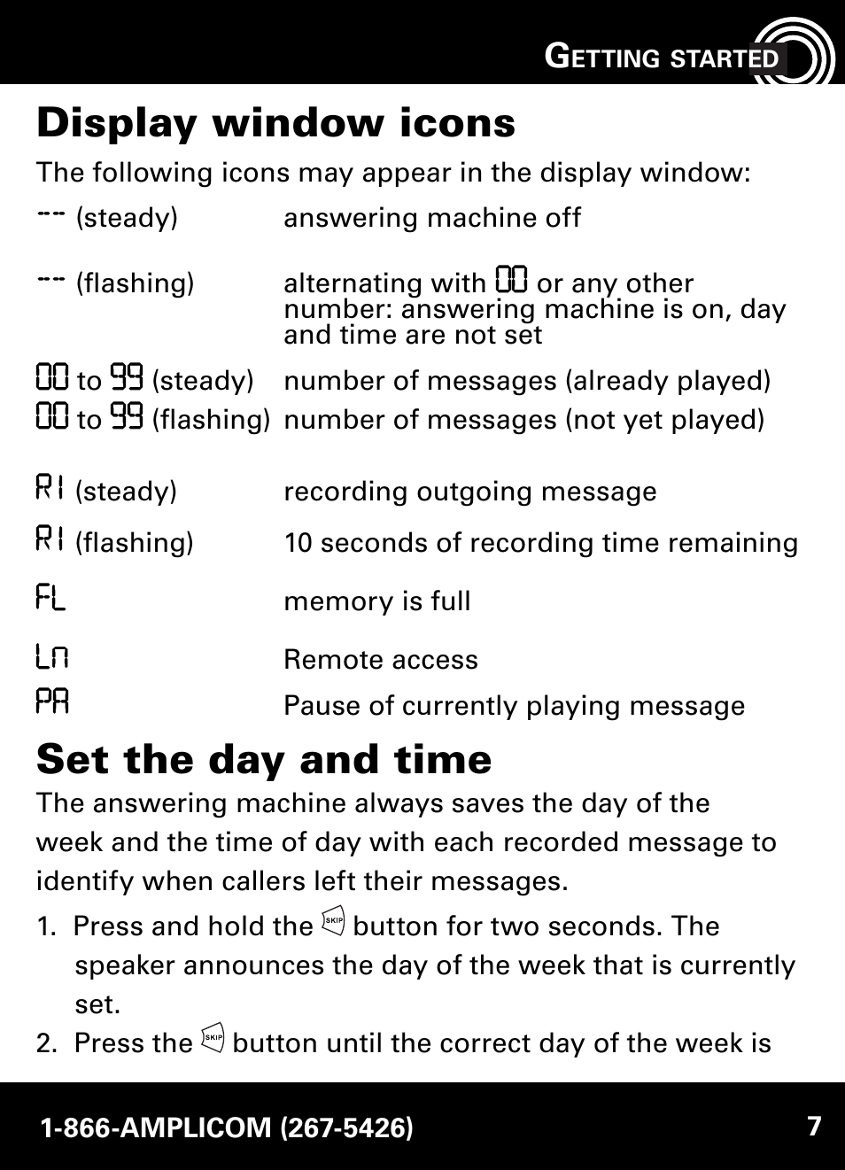 Display window icons, Set the day and time | Amplicom AB900 Amplified Answering Machine User Manual | Page 7 / 49