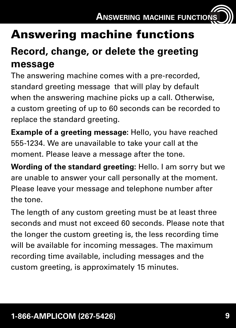 Answering machine functions, Record, change, or delete the greeting message | Amplicom AB900 Amplified Answering Machine User Manual | Page 9 / 49
