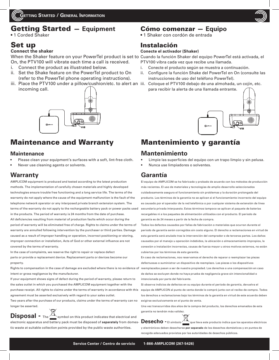 Getting started, Set up, Maintenance and warranty | Mantenimiento y garantía, Equipment, Warranty, Disposal, Cómo comenzar — equipo, Instalación, Mantenimiento | Amplicom PTV 100 Vibration Pad User Manual | Page 2 / 2