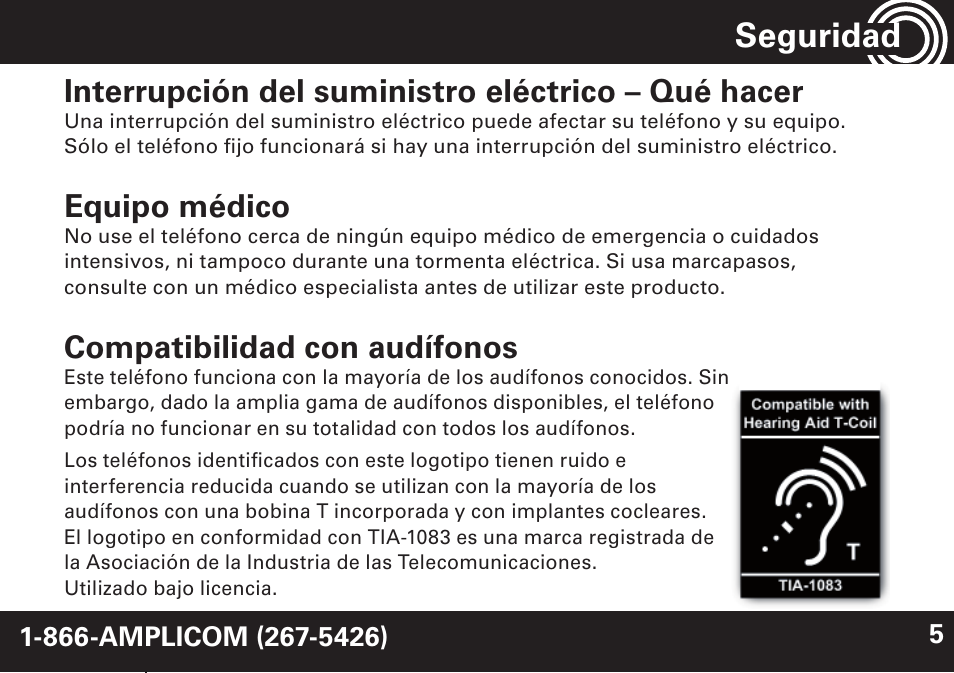 Seguridad, Interrupción del suministro eléctrico – qué hacer, Equipo médico | Compatibilidad con audífonos | Amplicom NL 10 Induction Neckloop for PowerTe Series User Manual | Page 17 / 24