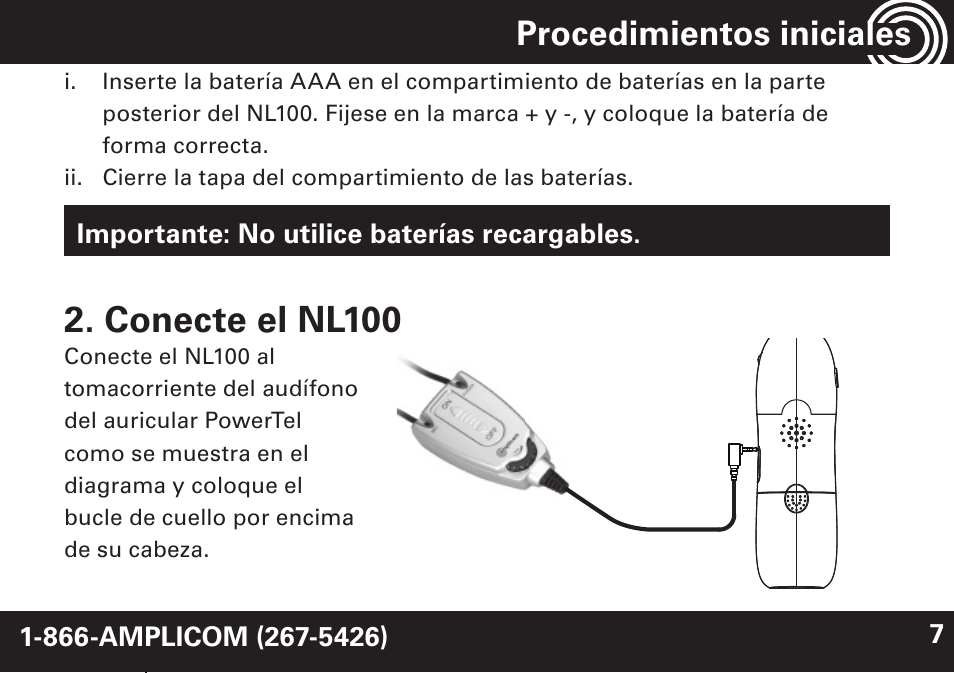 Conecte el nl100, Procedimientos iniciales | Amplicom NL 10 Induction Neckloop for PowerTe Series User Manual | Page 19 / 24