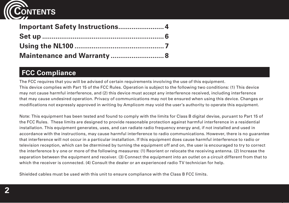 Ontents, Fcc compliance | Amplicom NL 10 Induction Neckloop for PowerTe Series User Manual | Page 2 / 24