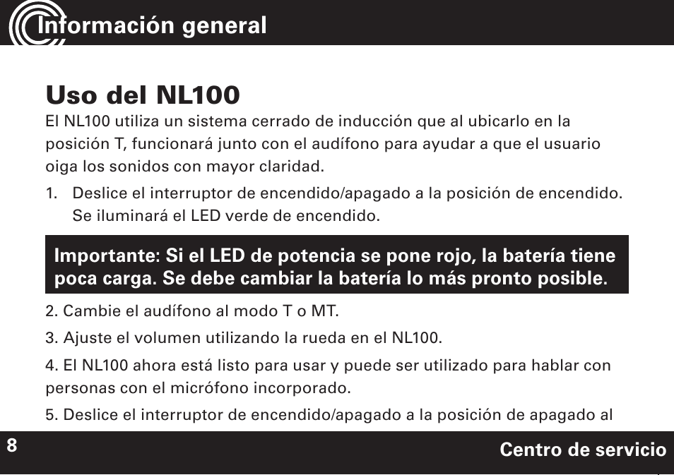 Uso del nl100, Información general | Amplicom NL 10 Induction Neckloop for PowerTe Series User Manual | Page 20 / 24