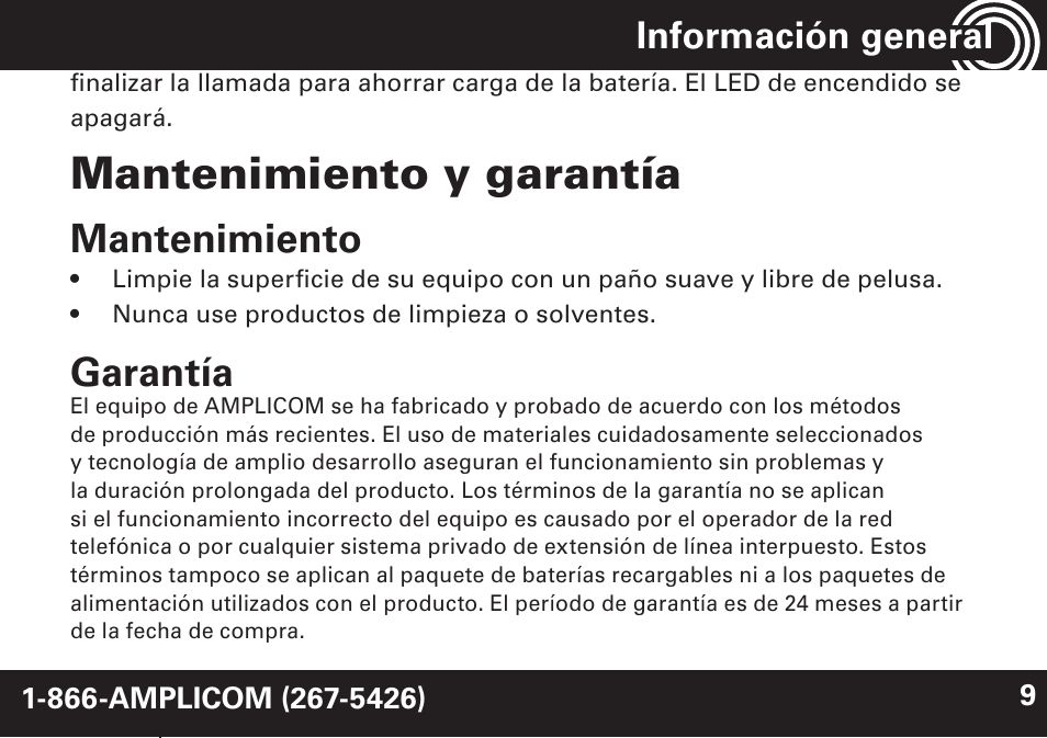Mantenimiento y garantía, Mantenimiento, Garantía | Información general | Amplicom NL 10 Induction Neckloop for PowerTe Series User Manual | Page 21 / 24