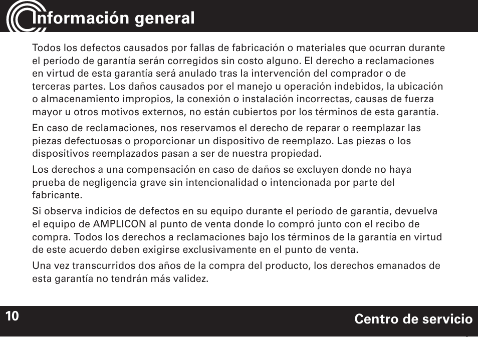 Información general, Centro de servicio 10 | Amplicom NL 10 Induction Neckloop for PowerTe Series User Manual | Page 22 / 24