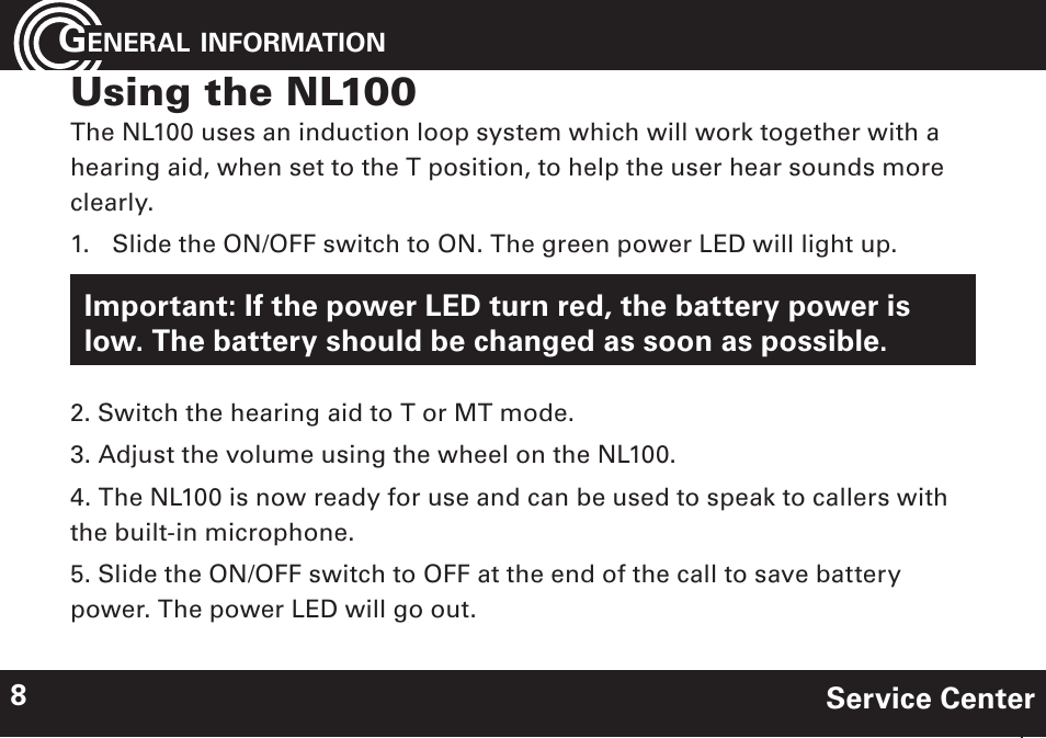 Using the nl100 | Amplicom NL 10 Induction Neckloop for PowerTe Series User Manual | Page 8 / 24