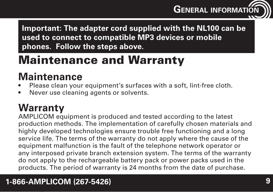 Maintenance and warranty, Maintenance, Warranty | Amplicom NL 10 Induction Neckloop for PowerTe Series User Manual | Page 9 / 24