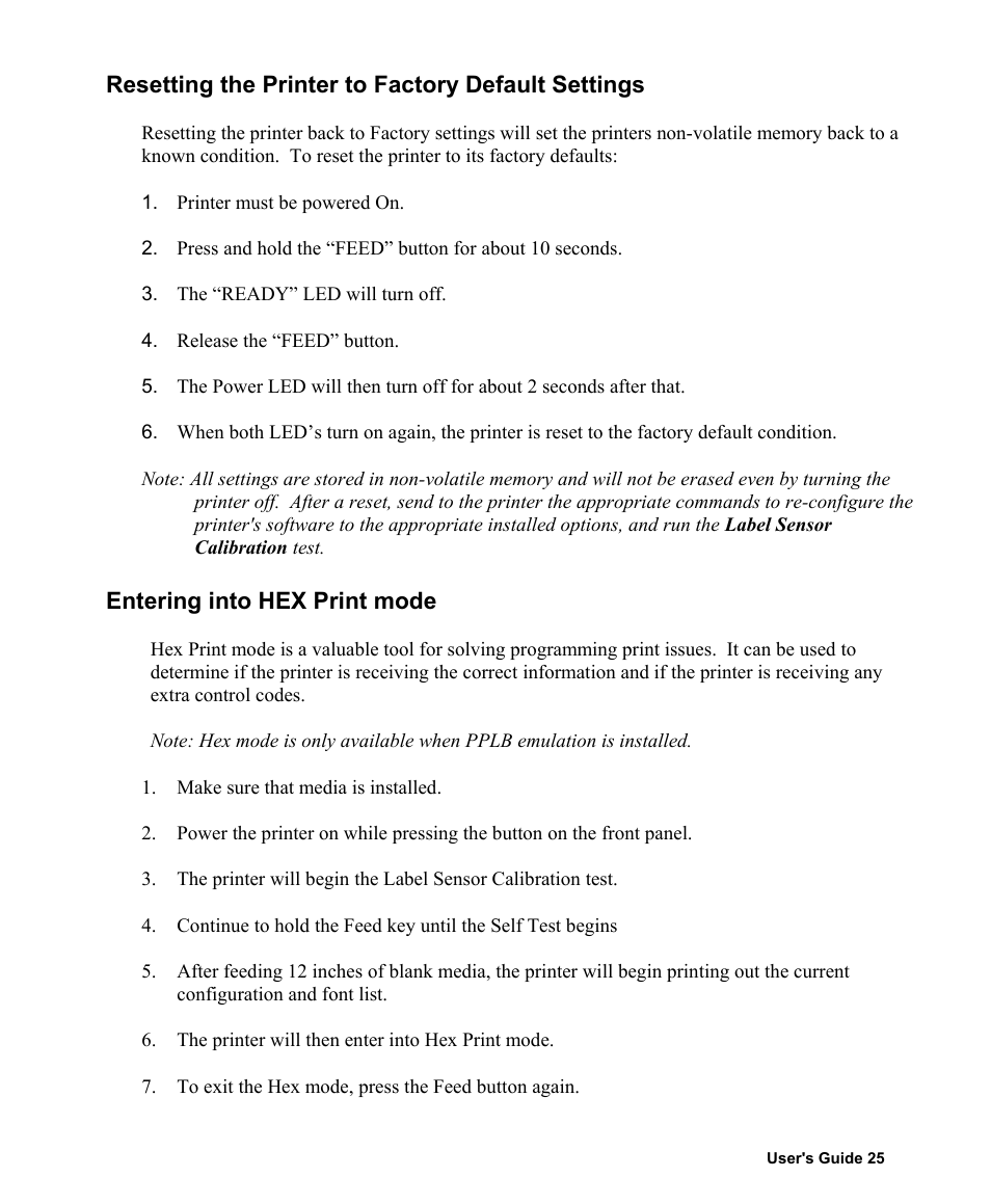 Resetting the printer to factory default settings, Entering into hex print mode | AMT Datasouth Fastmark 400 User Manual | Page 26 / 76