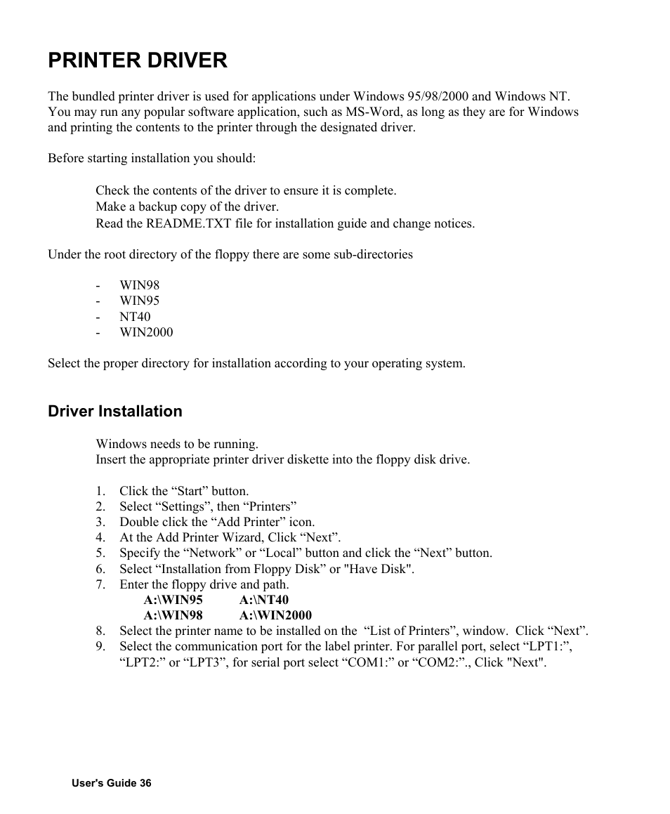 Printer driver, Driver installation | AMT Datasouth Fastmark 400 User Manual | Page 37 / 76