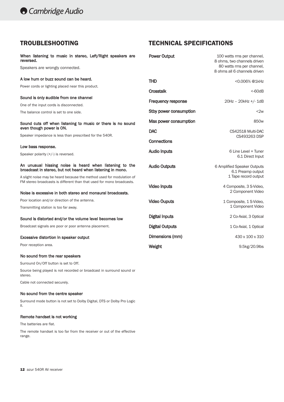 Troubleshooting technical specifications | Cambridge Audio 540R User Manual | Page 11 / 12