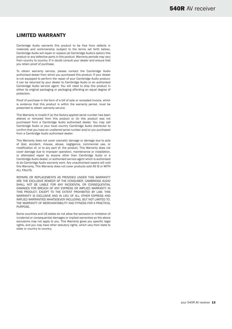540r av receiver, Limited warranty | Cambridge Audio 540R User Manual | Page 12 / 12