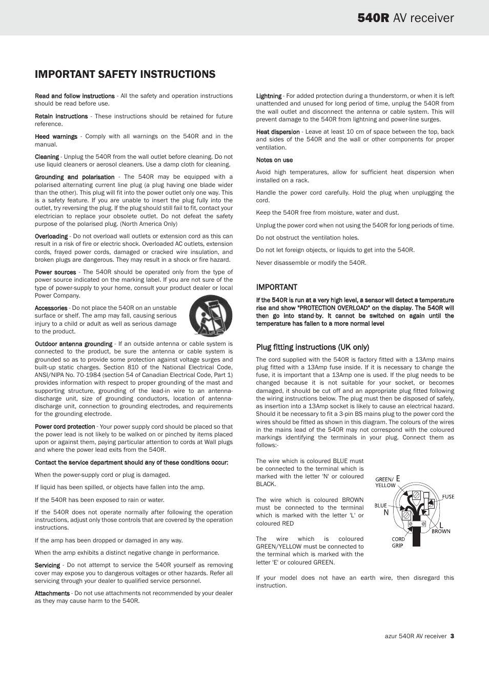 540r av receiver, Important safety instructions, Important | Plug ffitting iinstructions ((uk only) | Cambridge Audio 540R User Manual | Page 2 / 12