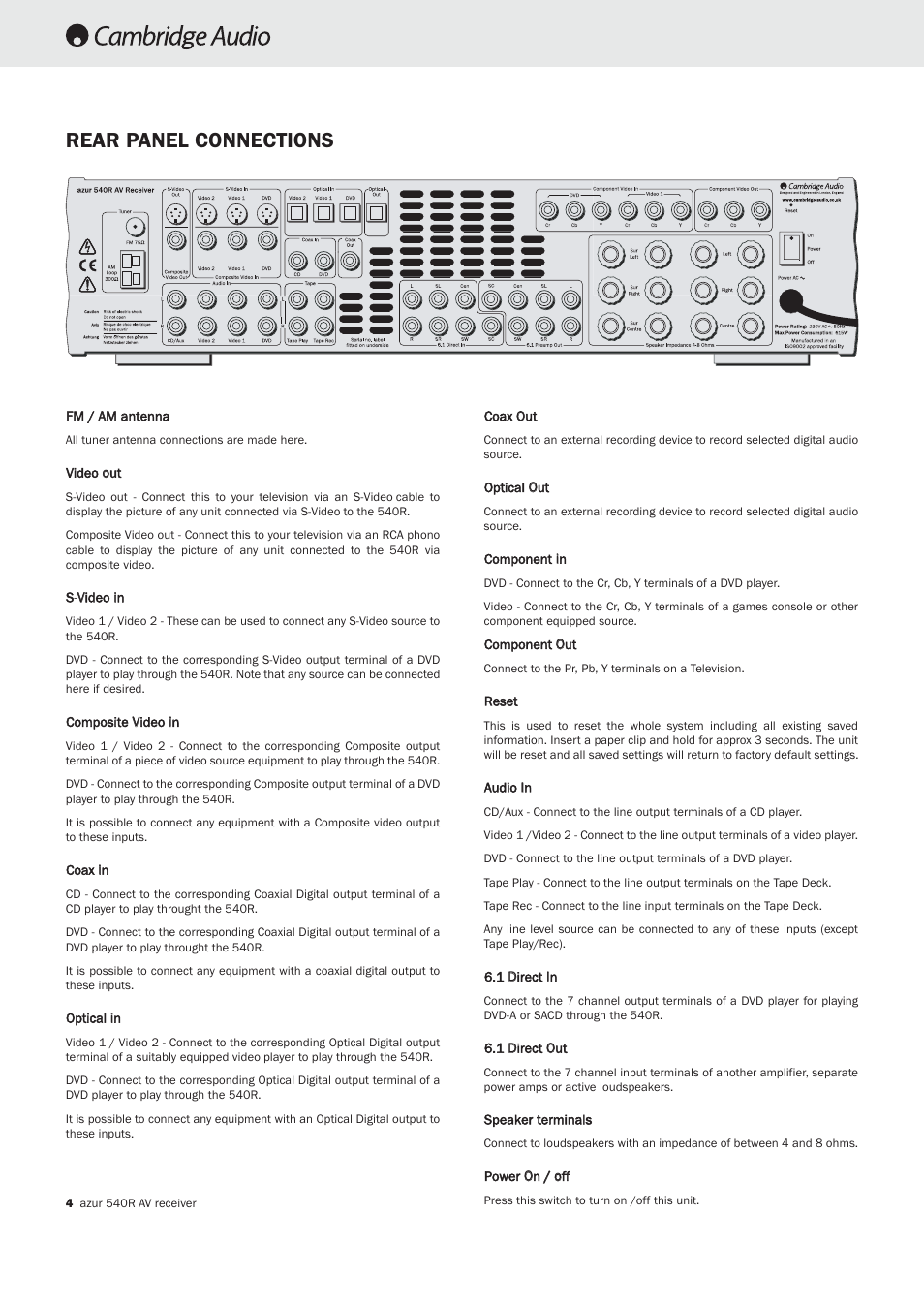Rear panel connections | Cambridge Audio 540R User Manual | Page 3 / 12