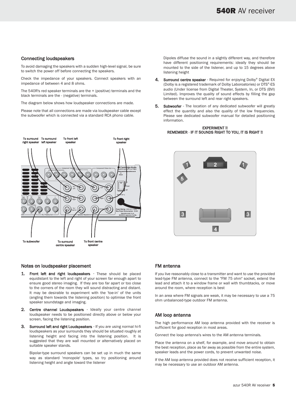 540r av receiver, Fm a antenna, Am lloop a antenna | Connecting lloudspeakers | Cambridge Audio 540R User Manual | Page 4 / 12