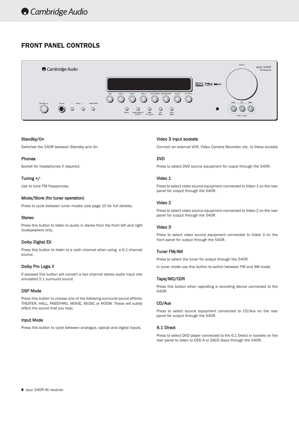 Front panel controls | Cambridge Audio 540R User Manual | Page 7 / 12