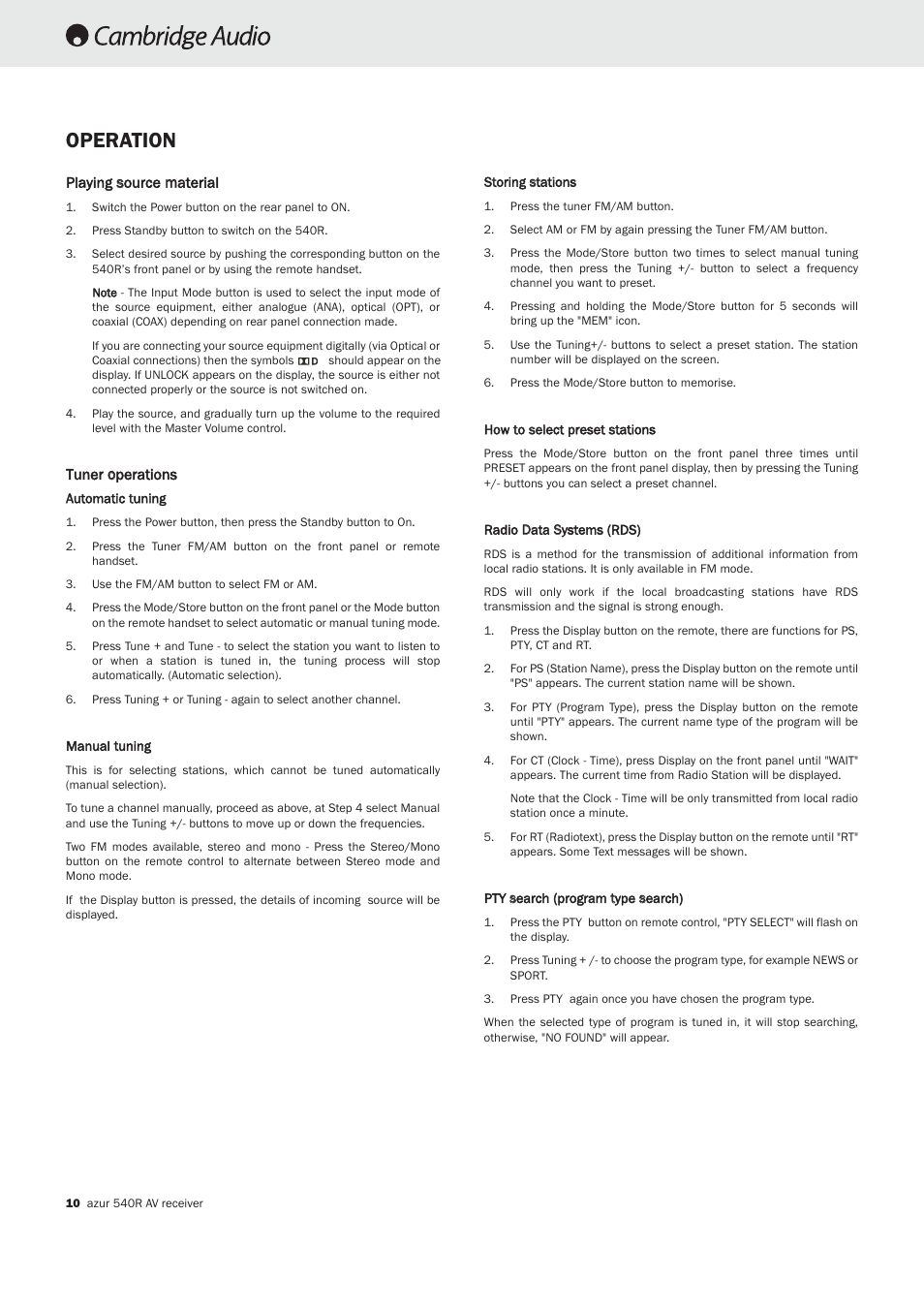 Operation | Cambridge Audio 540R User Manual | Page 9 / 12
