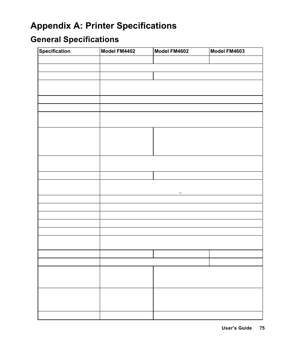 Appendix a: printer specifications, General specifications | AMT Datasouth Fastmark 4000 User Manual | Page 76 / 114