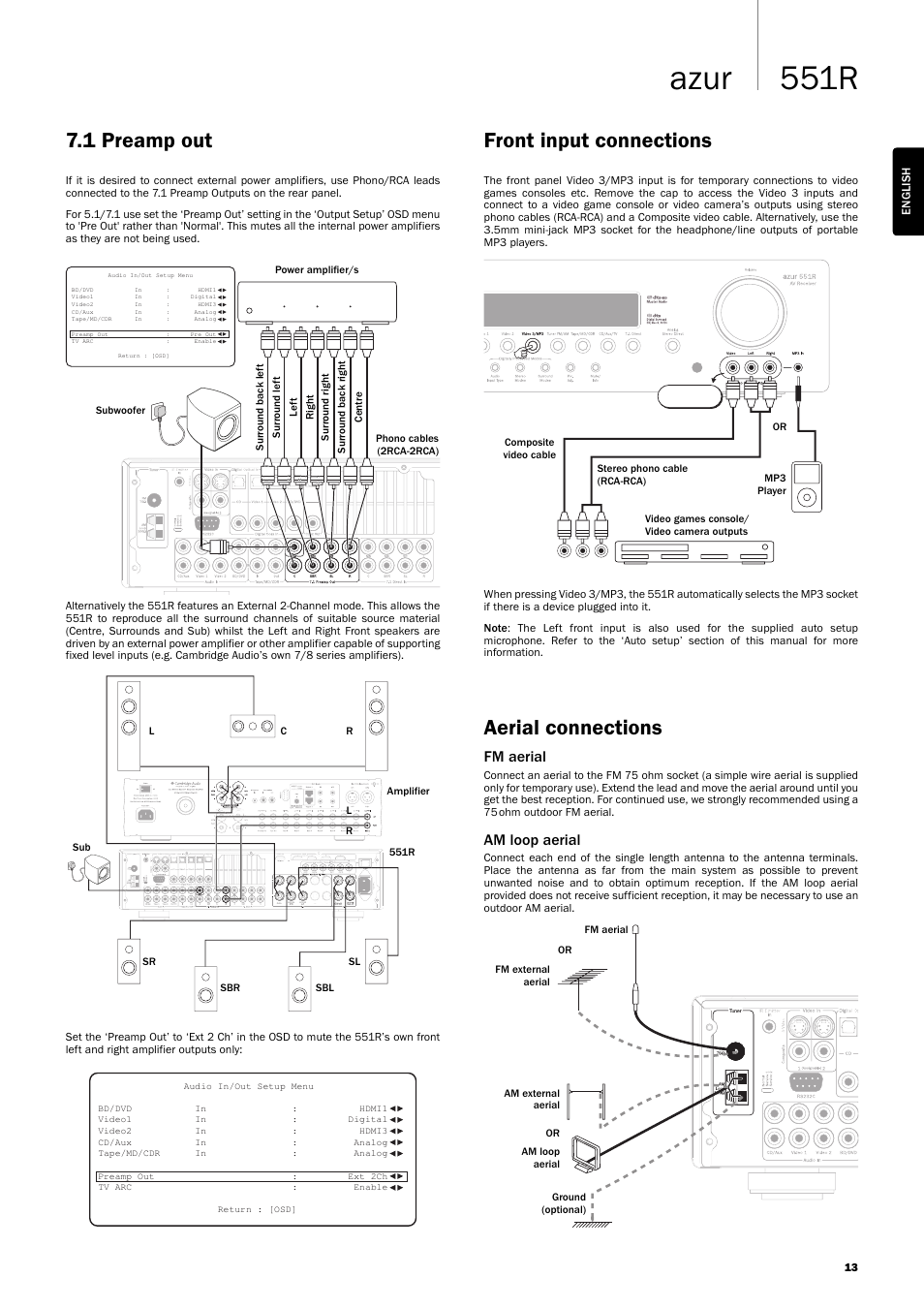 551r azur, Front input connections, Aerial connections | 1 preamp out, Fm aerial, Am loop aerial | Cambridge Audio AZUR 551R User Manual | Page 13 / 32