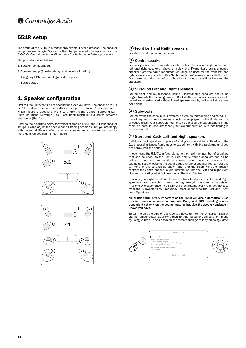 551r setup, Speaker configuration, Front left and right speakers | Centre speaker, Surround left and right speakers, Subwoofer, Surround back left and right speakers | Cambridge Audio AZUR 551R User Manual | Page 14 / 32