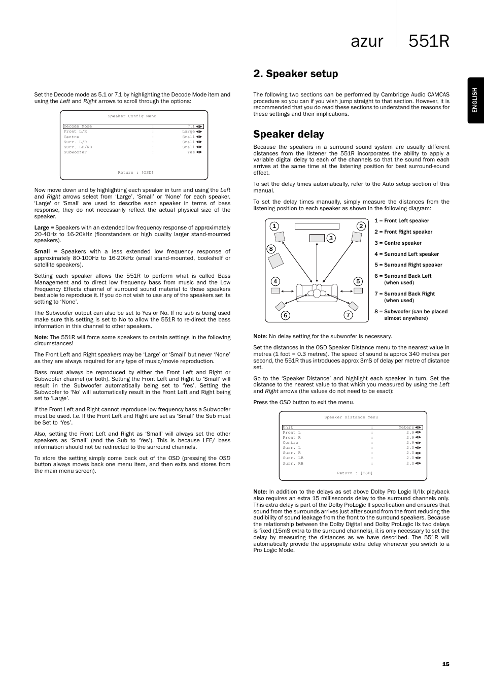551r azur, Speaker delay, Speaker setup | Cambridge Audio AZUR 551R User Manual | Page 15 / 32