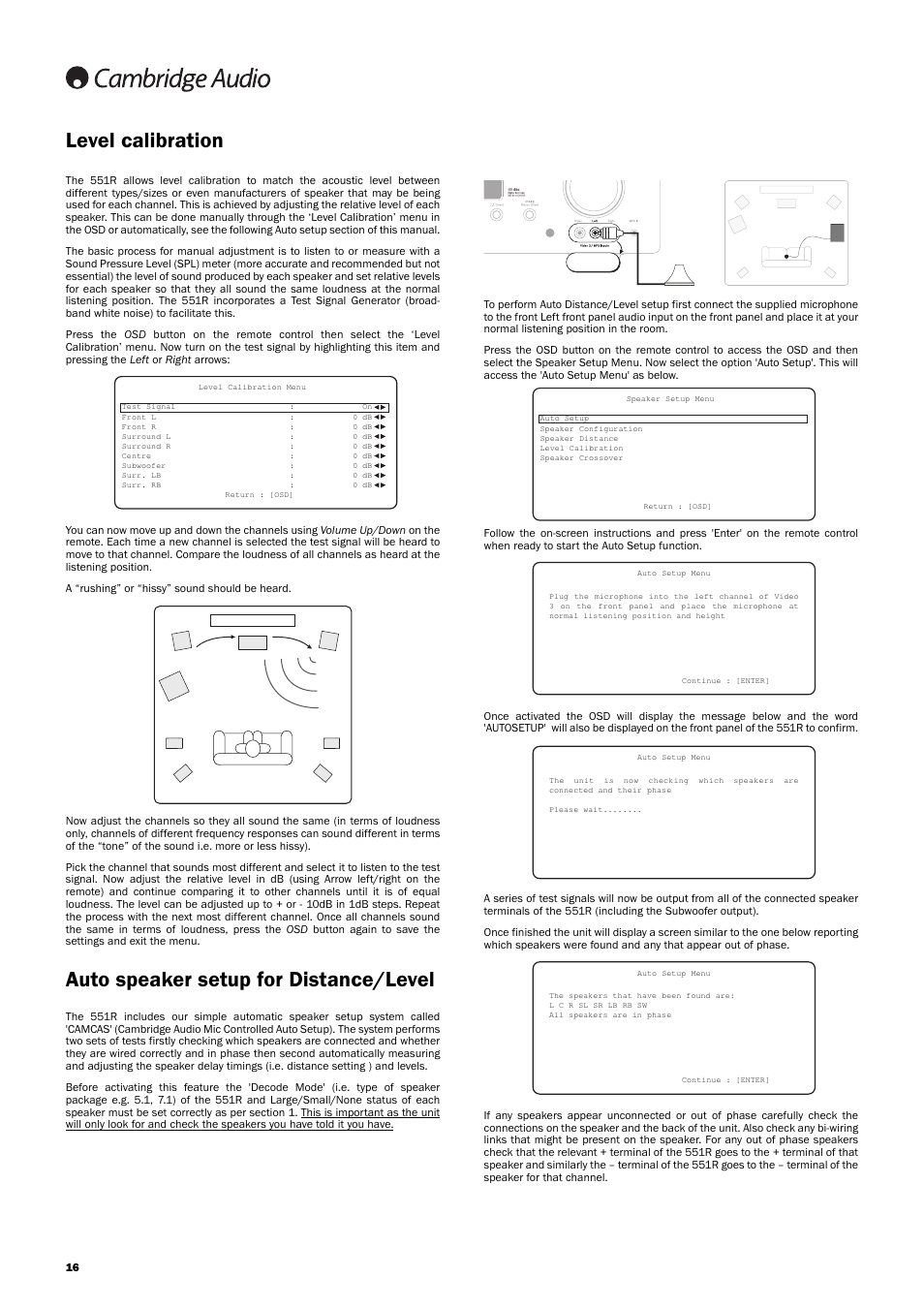 Auto speaker setup for distance/level, Level calibration | Cambridge Audio AZUR 551R User Manual | Page 16 / 32